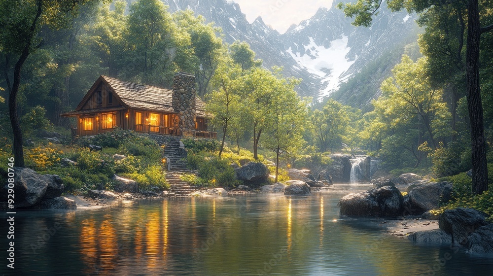 Fototapeta premium Tranquil Mountain Retreat Cabin Surrounded by Dense Forest