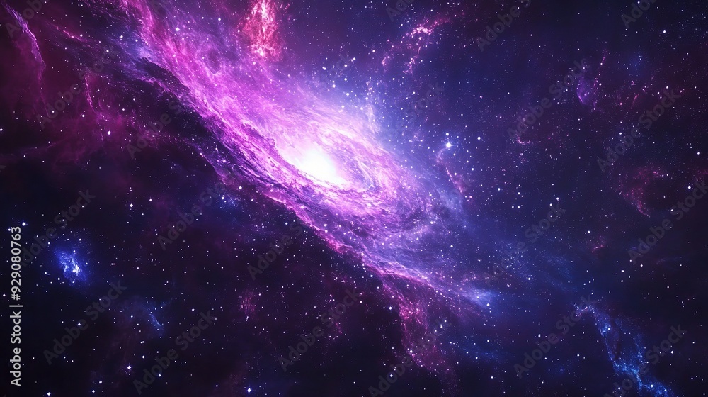 Obraz premium Cosmic Spiral: A captivating photo of a vibrant, swirling nebula in the cosmos, showcasing the vastness and beauty of the universe, with stunning hues of purple, pink, and blue. 