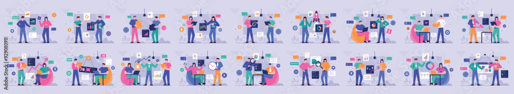 Mega set of simple concepts with people scene in flat cartoon design. This set of bright illustrations is made in saturated colors and shows men and women in various situations. Vector illustration. Mega set of simple concepts with people scene in flat cartoon design. This set of bright illustrations is made in saturated colors and shows men and women in various situations. Vector illustration.