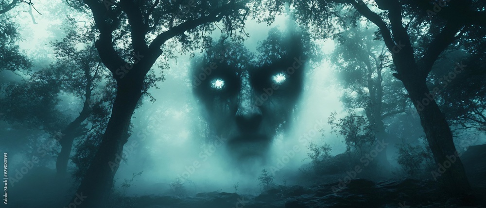 Haunting Presence Ghostly Face in Mysterious Forest Double Exposure Haunting Presence Ghostly Face in Mysterious Forest Double Exposure