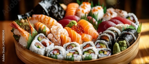 A beautifully arranged platter of sushi featuring various rolls, sashimi, and vibrant colors, perfect for culinary enthusiasts. photo