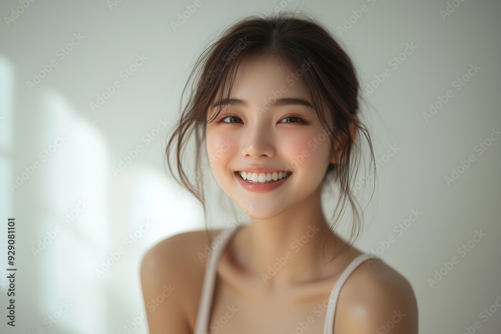 Beautiful young Asian woman smiling and happy created with Generative AI Beautiful young Asian woman smiling and happy created with Generative AI
