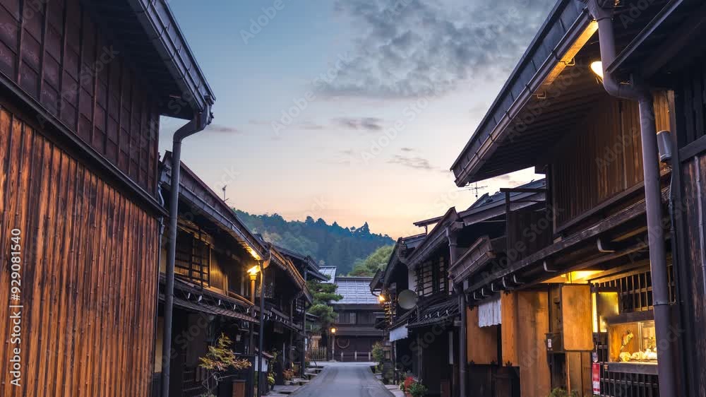 Takayama Gifu Japan time lapse night to day at old town Sannomachi street Takayama Gifu Japan time lapse night to day at old town Sannomachi street
