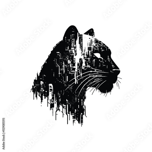 silhouette of Panther , filled with destroyed futuristic dystopia environment in rough drawing, minimalist,