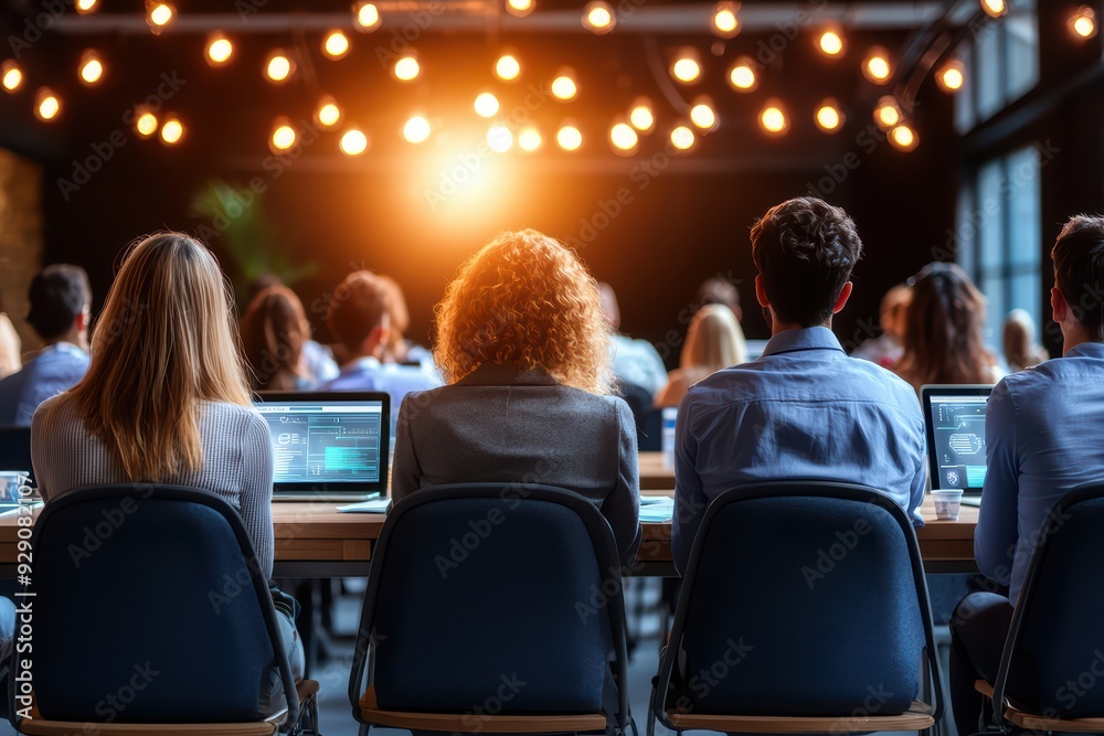 Obraz premium A diverse group of professionals attending a seminar, focused on their laptops in a modern, well-lit environment.