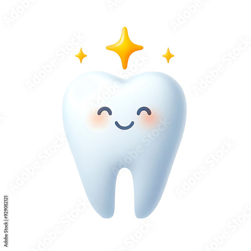 Smiling anthropomorphic tooth with shiny stars above it. 3D illustration isolated. Dental care and cleanliness concept for design and print.