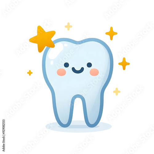 Smiling tooth character with stars around it. Cute cartoon art in kawaii style. Tooth sticker with blue border isolated. Dental care concept.