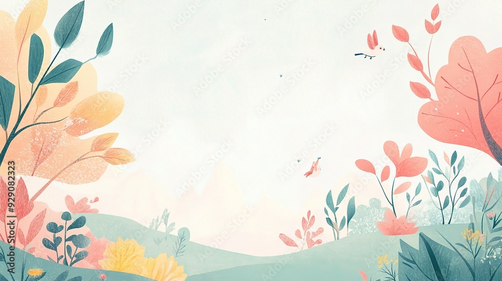 Pastel Dreamland: A whimsical illustration of a serene landscape with pastel-colored flowers, plants, and butterflies. Pastel Dreamland: A whimsical illustration of a serene landscape with pastel-colored flowers, plants, and butterflies.