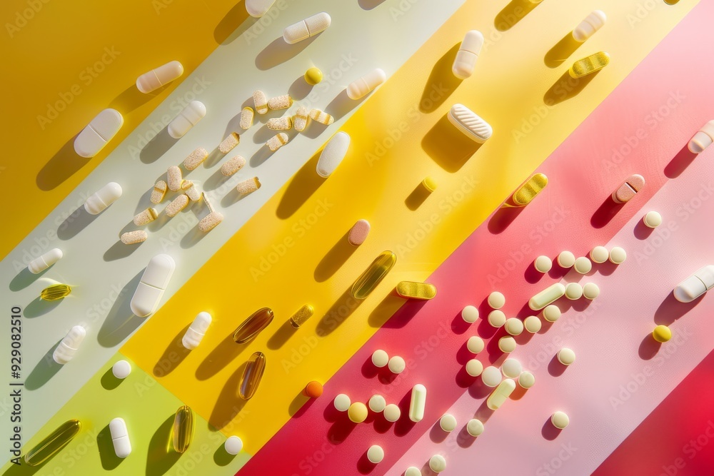 Multicolored pills and capsules are spread out on a vibrant, striped background, depicting the diverse range of medications with a visually striking display. Multicolored pills and capsules are spread out on a vibrant, striped background, depicting the diverse range of medications with a visually striking display.