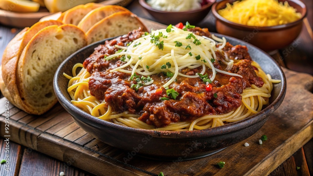 Savory Cincinnati-style chili poured over a bed of steaming spaghetti, topped with a mound of shredded cheese, onions, and a side of crusty bread. Savory Cincinnati-style chili poured over a bed of steaming spaghetti, topped with a mound of shredded cheese, onions, and a side of crusty bread.