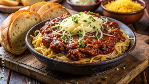 Savory Cincinnati-style chili poured over a bed of steaming spaghetti, topped with a mound of shredded cheese, onions, and a side of crusty bread.