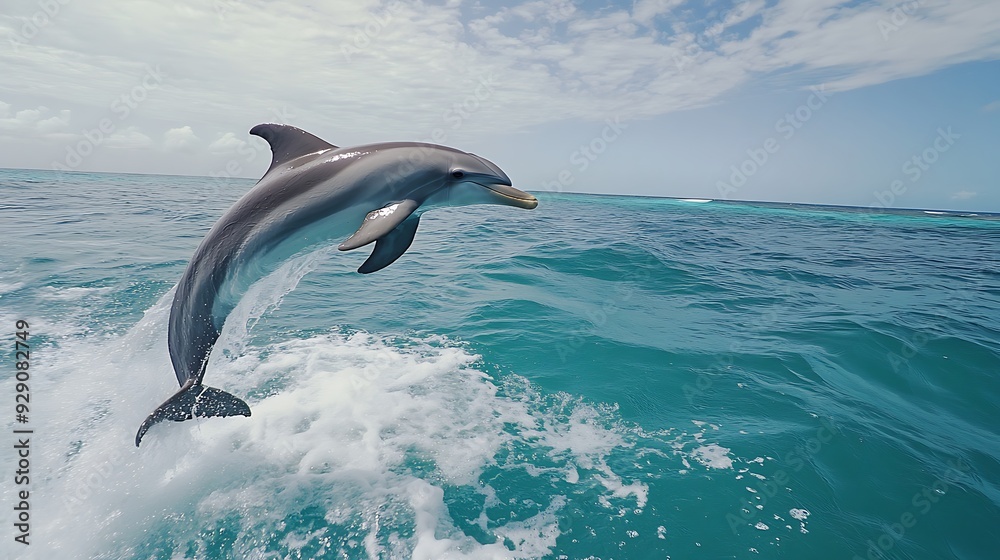Fototapeta premium A dolphin leaps from the water, creating a splash.