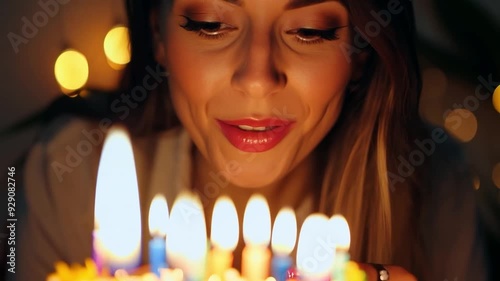 Wallpaper Mural Festive woman blowing out birthday candles at night Torontodigital.ca