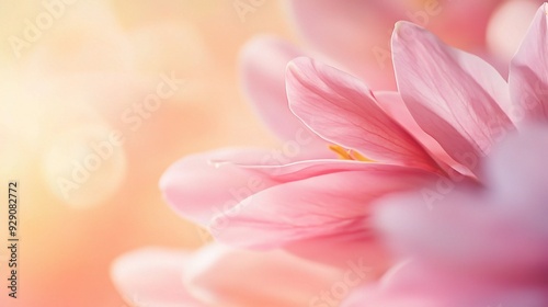 Soft Pink Blossom: A delicate pink flower petal, bathed in warm light, blooms in a soft, romantic image. Its gentle texture and delicate form create an ethereal beauty.  
