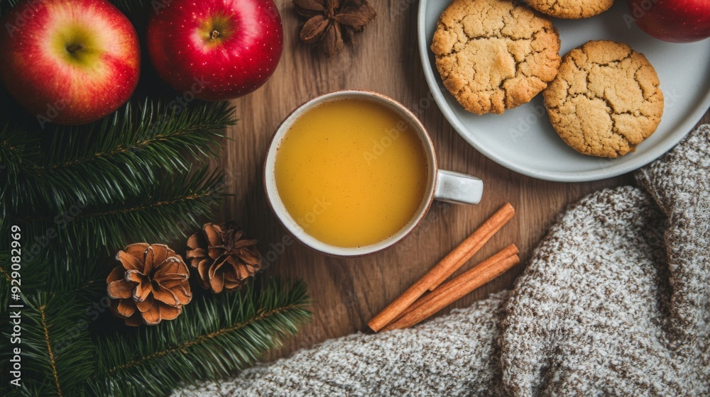 A cozy setup features a cup of warm drink, freshly baked cookies, red apples, pinecones, and a knitted sweater, creating a perfect winter atmosphere. A cozy setup features a cup of warm drink, freshly baked cookies, red apples, pinecones, and a knitted sweater, creating a perfect winter atmosphere.