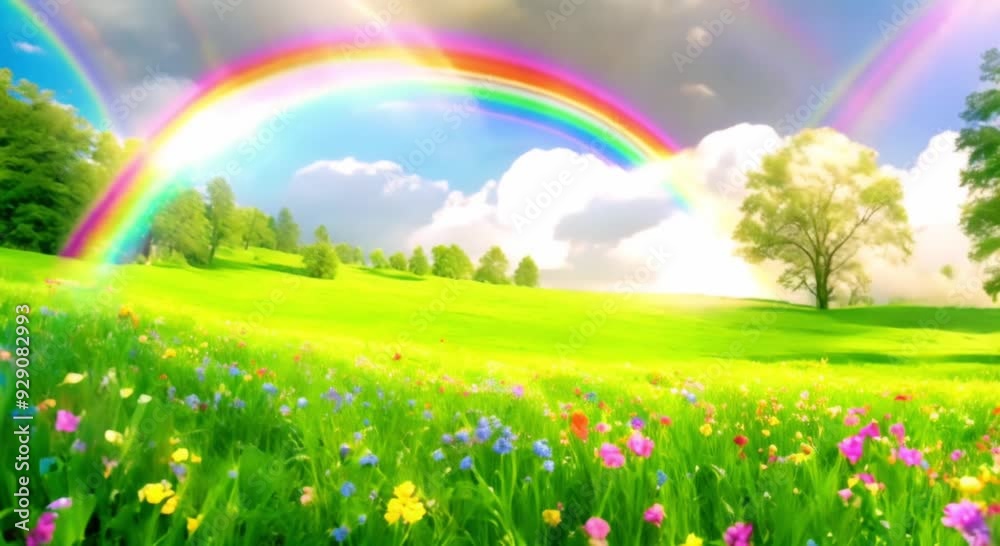 magical green flowery spring meadow landscape with blue skies and rainbows magical green flowery spring meadow landscape with blue skies and rainbows