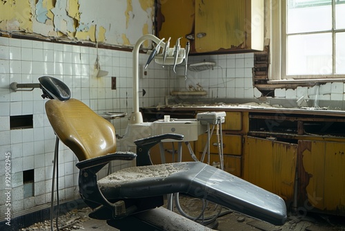 An old, abandoned dental office with peeling paint and rusted equipment, bathed in soft, melancholic light. photo