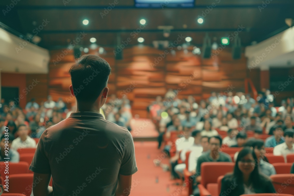 A young man addresses a full auditorium, engaging the audience with his back turned, set against a warmly lit, modern conference room. A young man addresses a full auditorium, engaging the audience with his back turned, set against a warmly lit, modern conference room.