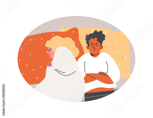 Angry young couple lying apart in the bed, intimate problem, cartoon woman and man lovers conflict vector in oval frame