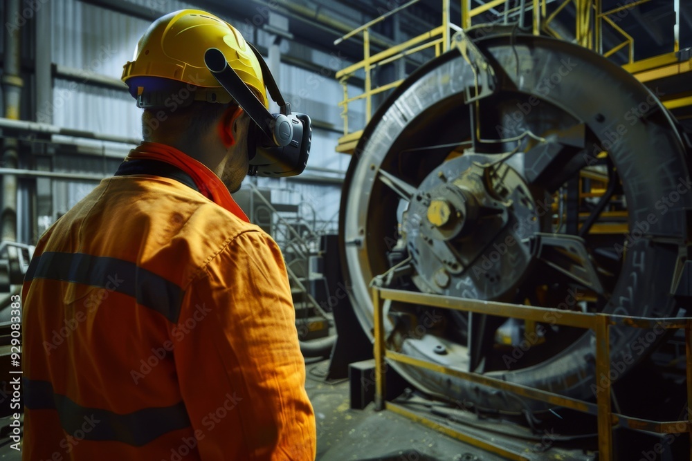 A worker in protective gear and VR headset navigates a large industrial machine, symbolizing the futuristic approach towards industrial safety and efficiency. A worker in protective gear and VR headset navigates a large industrial machine, symbolizing the futuristic approach towards industrial safety and efficiency.