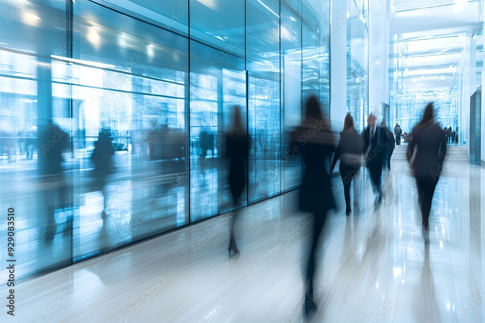 A blurred scene of people walking in a modern, glass-walled building. A blurred scene of people walking in a modern, glass-walled building.