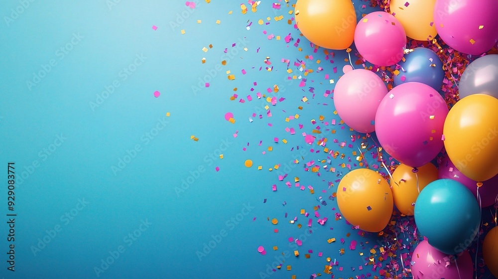 Birthday Balloons and Confetti on Blue: A vibrant burst of color and celebration, with a cluster of colorful balloons floating against a bright blue background, adorned with confetti. Birthday Balloons and Confetti on Blue: A vibrant burst of color and celebration, with a cluster of colorful balloons floating against a bright blue background, adorned with confetti.