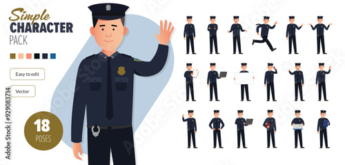 Simple flat American police man officer vector character in a set of multiple poses. Easy to edit and isolated on a white background. Modern trendy style character mega pack with lots of poses.	