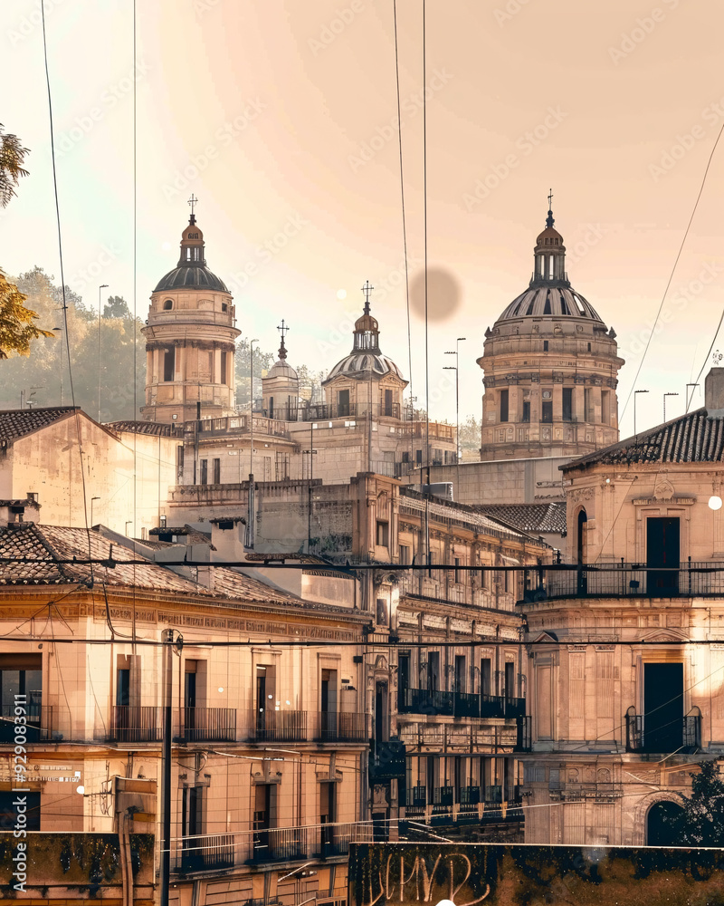 Obraz premium Alcorcon Skyline Double Exposure City Architecture Art - A group of buildings with towers and a tree