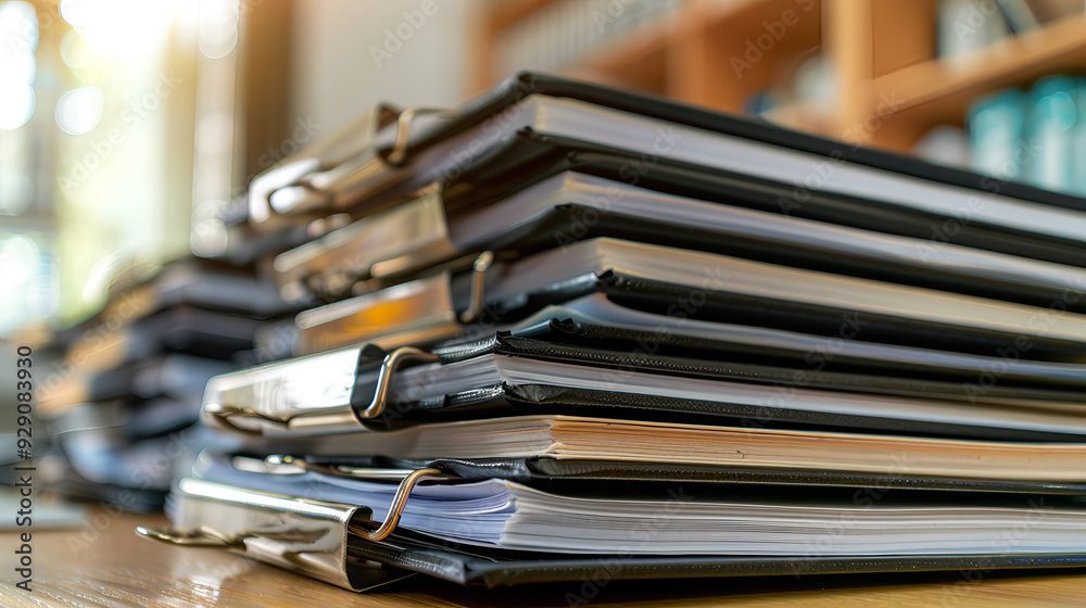 Stack of Office Binders and Documents: Close-Up of Organized Files in a Busy Workspace, Perfect for Business, Office Work, Data Management, or Paperwork Themes Stack of Office Binders and Documents: Close-Up of Organized Files in a Busy Workspace, Perfect for Business, Office Work, Data Management, or Paperwork Themes