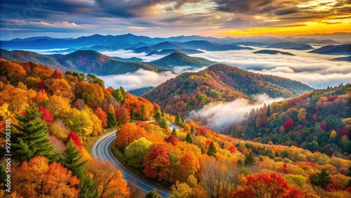 Scenic overlook of Pisgah National Forest near Brevard, North Carolina, showcases vibrant fall foliage, misty mountains, and winding roads on a serene autumn morning.