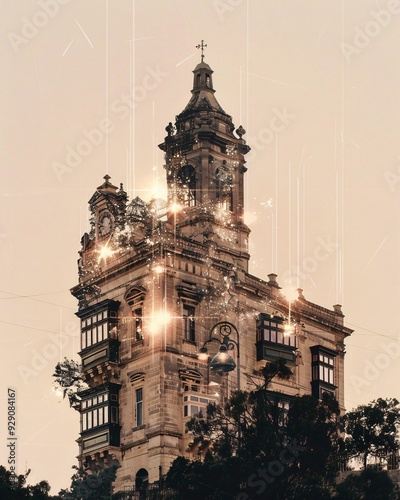 Zejtun Malta Double Exposure Skyline City Art - A building with a clock tower photo