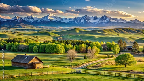 Scenic panoramic view of rustic rural landscape in Larimer County, Colorado, featuring rolling hills, green pastures, and snow-capped Rocky Mountains in the distant horizon. photo