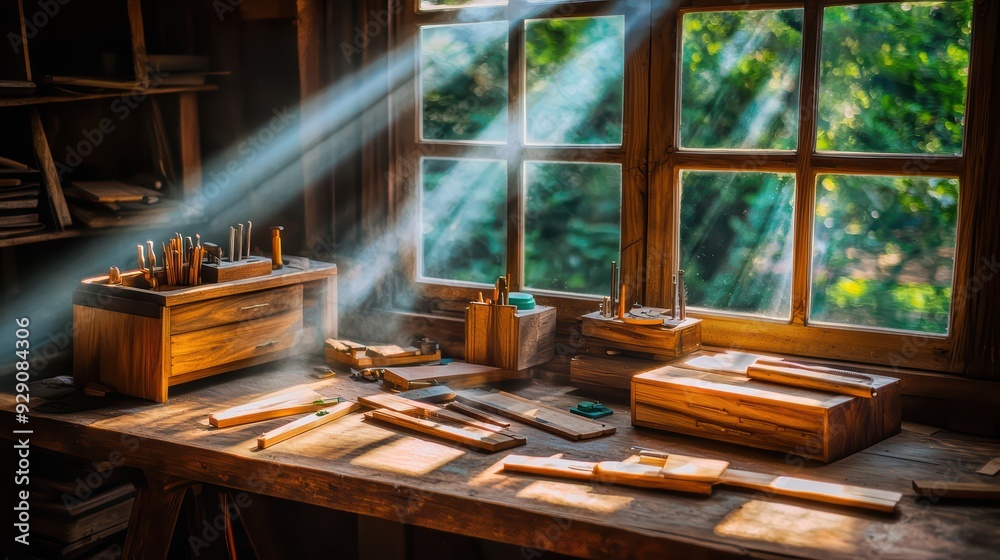 A serene woodworking workshop filled with sunlight, showcasing tools and wooden projects scattered across a rustic table. A serene woodworking workshop filled with sunlight, showcasing tools and wooden projects scattered across a rustic table.