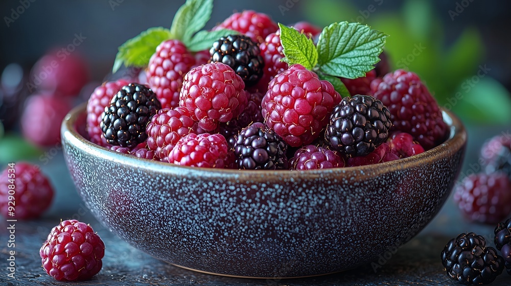 A bowl filled with fresh raspberries and blackberries, garnished with mint leaves.