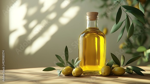 A glass bottle of olive oil with fresh olives and olive branches on a wooden table, illuminated by natural sunlight, creating a rustic and healthy kitchen scene.