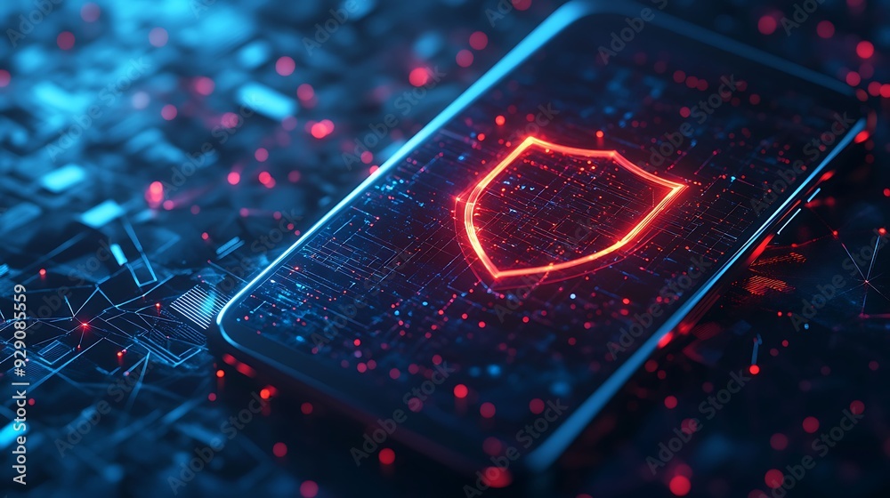 A smartphone displaying a glowing red shield icon, symbolizing advanced cybersecurity and data protection in a futuristic, digital environment. A smartphone displaying a glowing red shield icon, symbolizing advanced cybersecurity and data protection in a futuristic, digital environment.