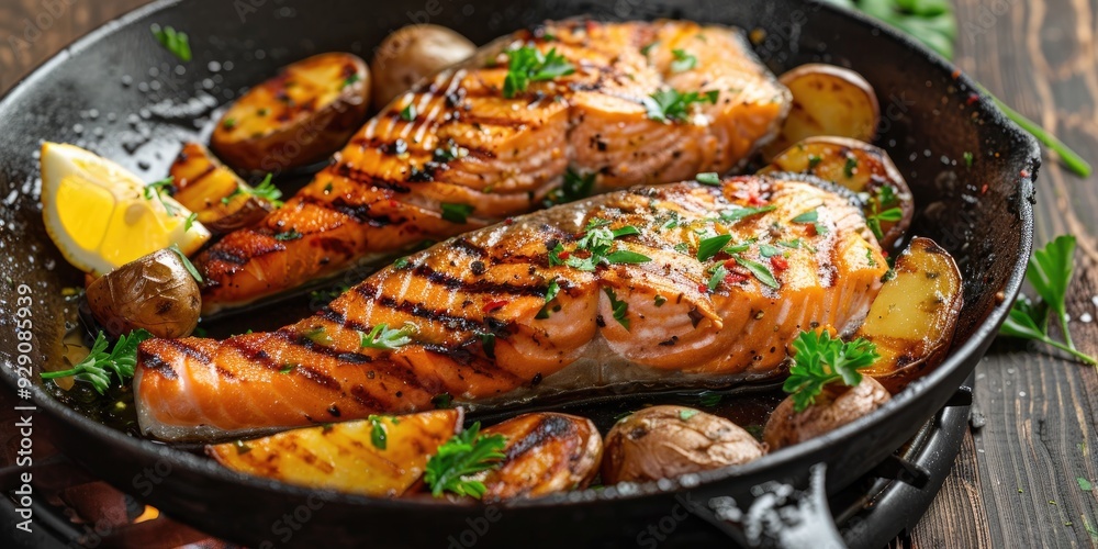 Delicious grilled salmon steaks and sizzling potatoes in a skillet Delicious grilled salmon steaks and sizzling potatoes in a skillet