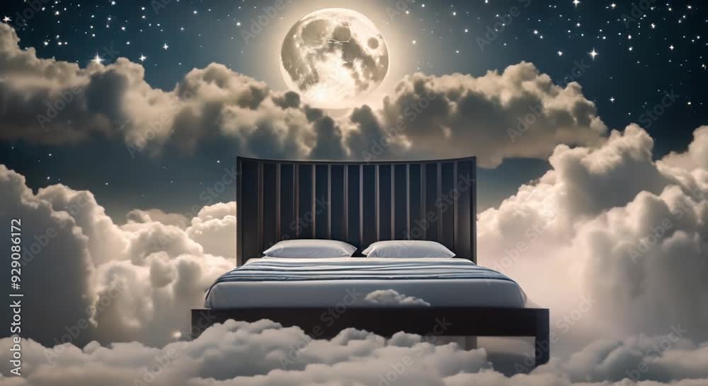 bed in the sky surrounded by clouds at night with a full moon and twinkling stars in the background