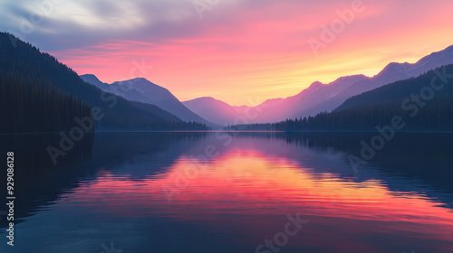 twilight scene with vibrant lake reflections