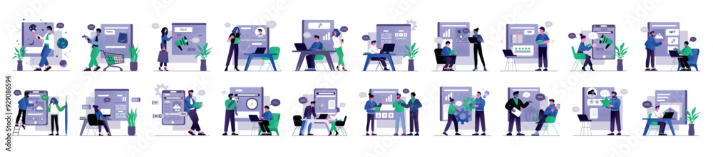 Mega set of violet concepts with people scene in flat cartoon design. Different topics are depicted in this collection in violet, blue and green colors. Vector illustration. Mega set of violet concepts with people scene in flat cartoon design. Different topics are depicted in this collection in violet, blue and green colors. Vector illustration.