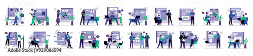 Mega set of violet concepts with people scene in flat cartoon design. Different topics are depicted in this collection in violet, blue and green colors. Vector illustration.