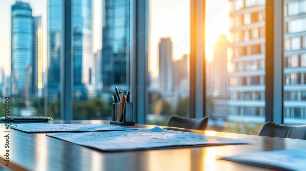 Bright office scene with documents and stationery, showcasing a city skyline through large windows during sunset. Bright office scene with documents and stationery, showcasing a city skyline through large windows during sunset.