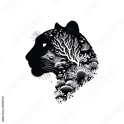 silhouette of Panther , filled with underwater view with coral in rough drawing, minimalist,