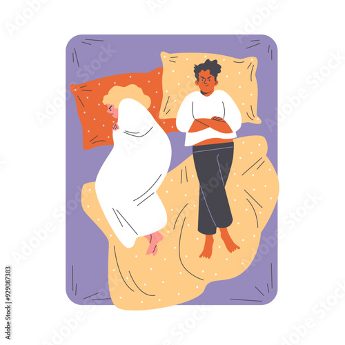 Angry young couple lying apart in the bed, intimate problem, vector cartoon woman and man lovers conflict
