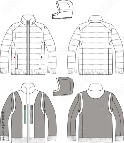 Jacket with detuchable hood and sleeves flat sketch apparel design tamplate