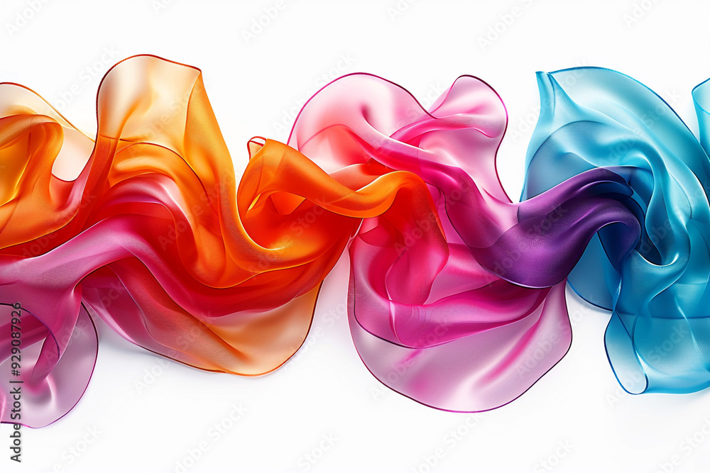 Fototapeta premium A cascade of multicolored satin ribbons flowing gracefully against a pure white background.
