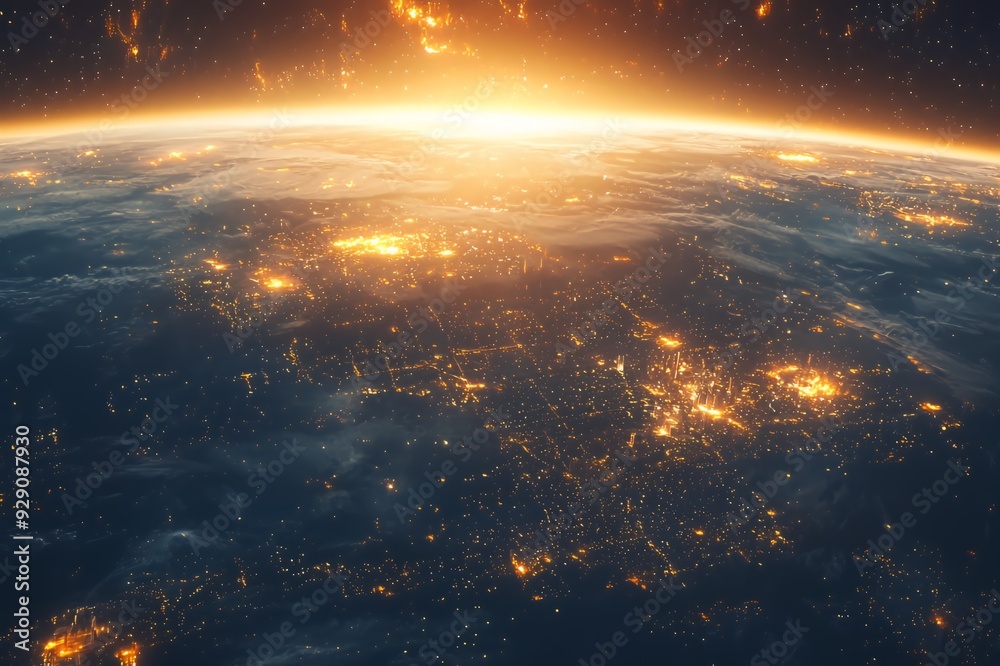 A breathtaking view of Earth from space, illuminated by city lights and atmospheric glow. A breathtaking view of Earth from space, illuminated by city lights and atmospheric glow.