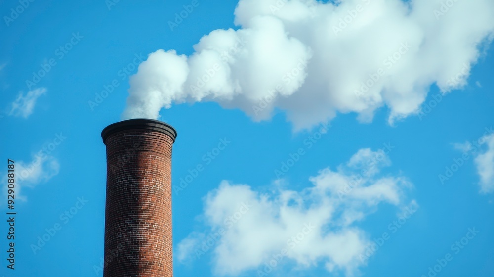 A brick smokestack emitting white smoke against a blue sky with clouds. A brick smokestack emitting white smoke against a blue sky with clouds.