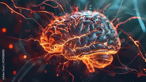 Video of brain with red and orange sparks surrounding it. The brain is surrounded by a lot of energy and is glowing. Concept of complexity and interconnectedness of the brain's neural network