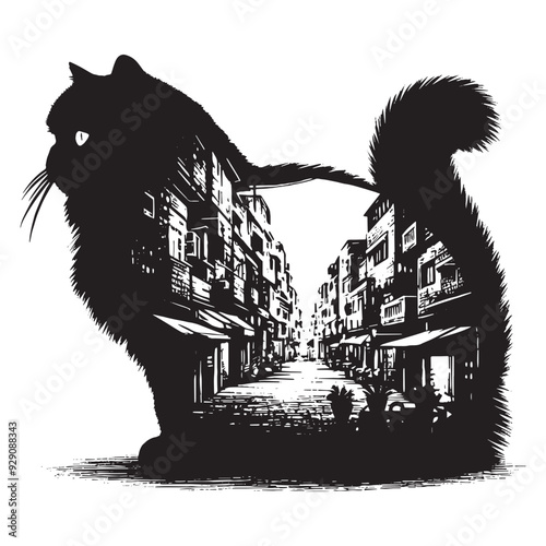 silhouette of Persian cat, filled with ghetto street in rough drawing, minimalist,